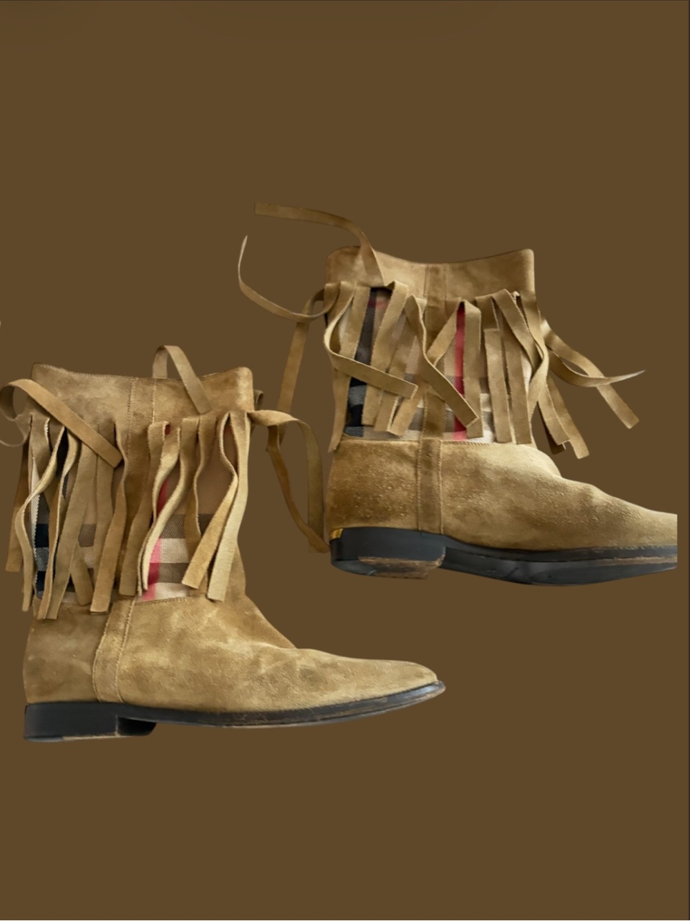 Burberry Fringe Suede Mid-Calf Boots Brown & Black